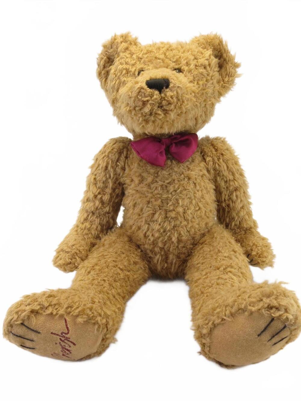 Vintage 1990s SKM Tan Shaggy Bear Plush Stuffed Animal With Burgundy Bow Tie